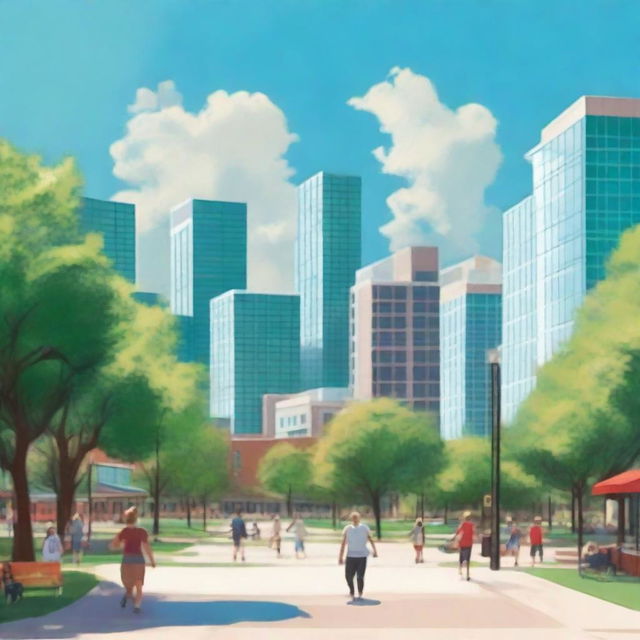 A detailed and vibrant image of the city of Plano, Texas, showcasing its modern architecture, green parks, and bustling city life