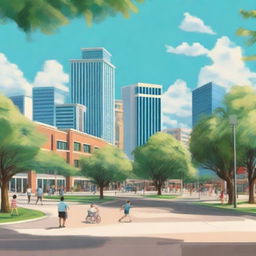 A detailed and vibrant image of the city of Plano, Texas, showcasing its modern architecture, green parks, and bustling city life