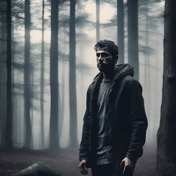 Create a dramatic movie poster featuring a man stranded in the woods