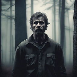 Create a dramatic movie poster featuring a man stranded in the woods