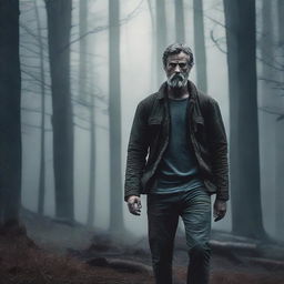 Create a dramatic movie poster featuring a man stranded in the woods