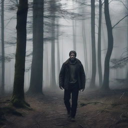 Create a dramatic movie poster featuring a man stranded in the woods