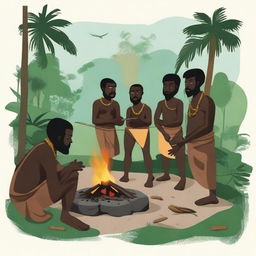 Create an illustration of ancient Papuan people engaging in the traditional stone-burning process