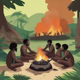 Create an illustration of ancient Papuan people engaging in the traditional stone-burning process