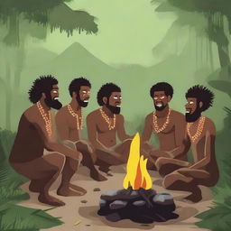 Create an illustration of ancient Papuan people engaging in the traditional stone-burning process