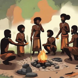 Create an illustration of ancient Papuan people engaging in the traditional stone-burning process