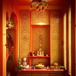 Elegant and serene pooja room interior with traditional Indian motifs, spiritual decor, and tranquil lighting.