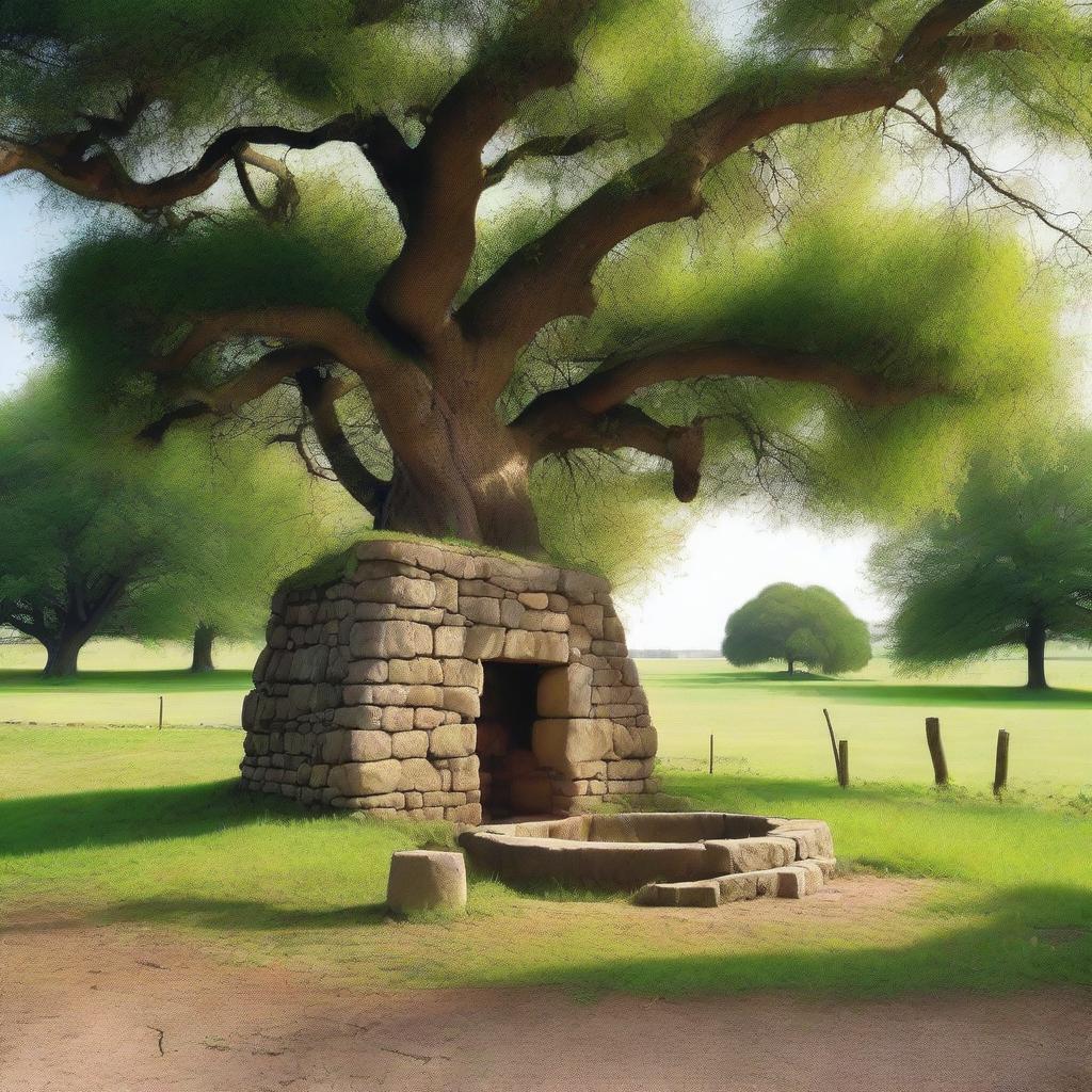 A deep, large well situated near a tree in a grassy landscape