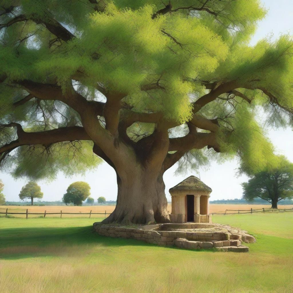 A deep, large well situated near a tree in a grassy landscape