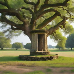 A deep, large well situated near a tree in a grassy landscape