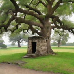 A deep, large well situated near a tree in a grassy landscape