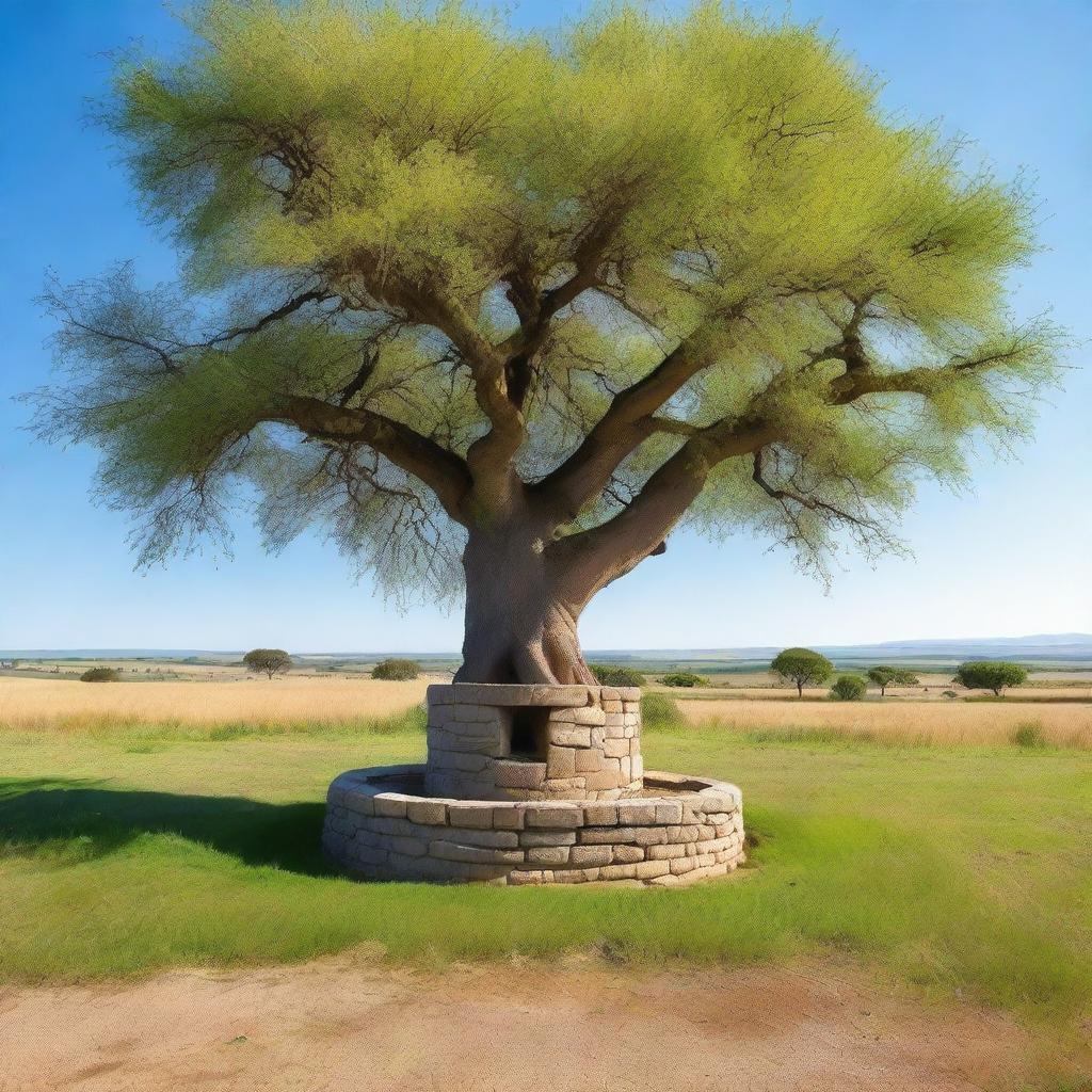 A deep, large well situated in a grassy landscape near a solitary tree