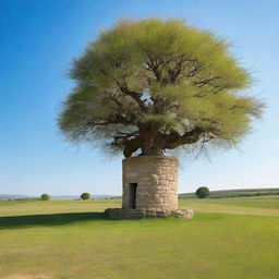 A deep, large well situated in a grassy landscape near a solitary tree