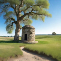 A deep, large well situated in a grassy landscape near a solitary tree