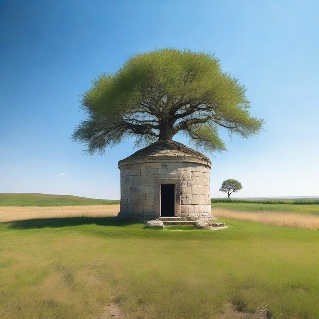 A deep, large well situated in a grassy landscape near a solitary tree