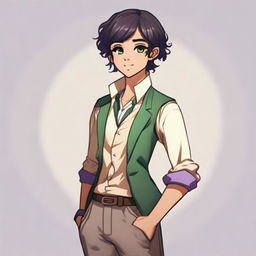 A genderless Woodelf with copperish skin that has a hint of greenish shine, black short hair with white streaks, and green-lilac eyes in a round, pretty face