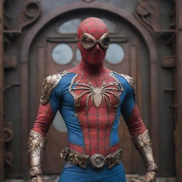 Spiderman dressed in intricate steampunk attire, complete with goggles and gears, set against an industrial Victorian backdrop