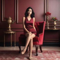 An Indonesian model wearing the sexiest tank top and short pants in red maroon, sitting elegantly on a vintage chair