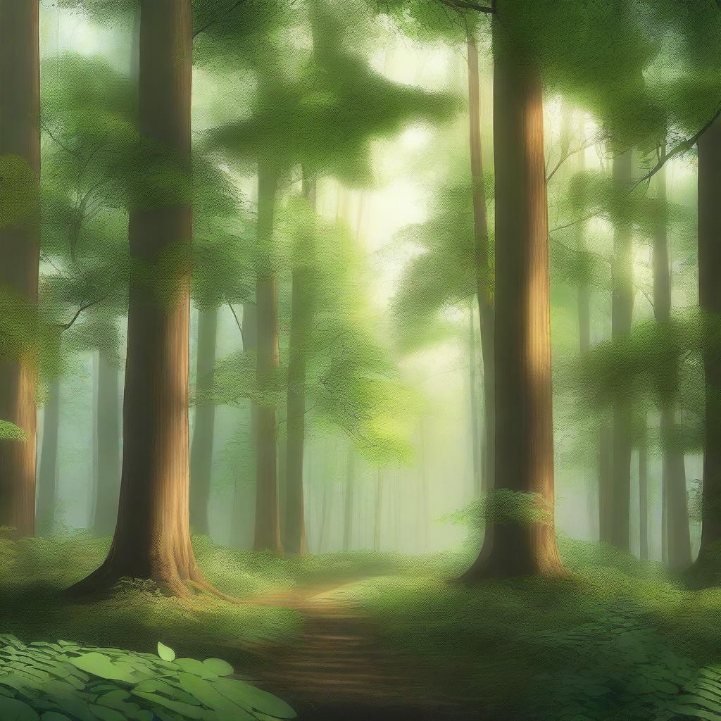 A serene and endless forest background, featuring a dense array of trees, lush greenery, and a soft light filtering through the canopy