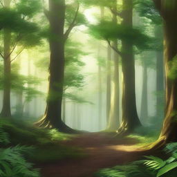 A serene and endless forest background, featuring a dense array of trees, lush greenery, and a soft light filtering through the canopy