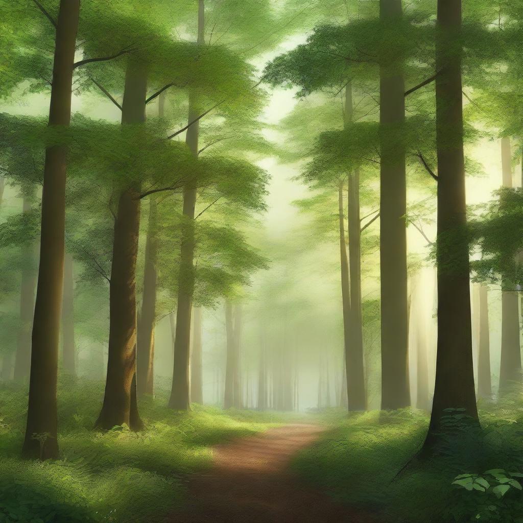 A serene and endless forest background, featuring a dense array of trees, lush greenery, and a soft light filtering through the canopy