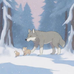 Scene 1: A wolf and its baby walking with a pack in a snowy forest