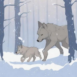 Scene 1: A wolf and its baby walking with a pack in a snowy forest