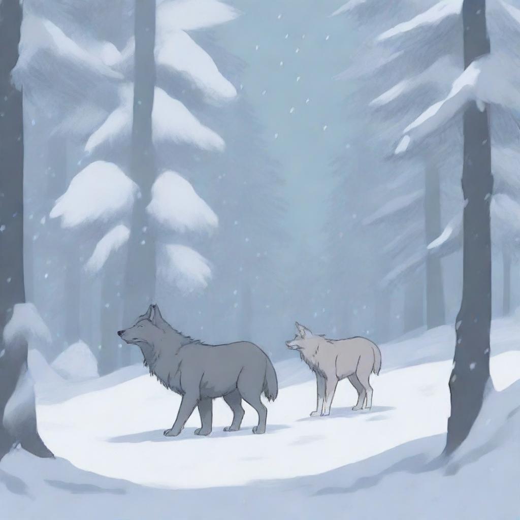 Scene 1: A wolf and its baby walking with a pack in a snowy forest