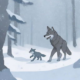 Scene 1: A wolf and its baby walking with a pack in a snowy forest