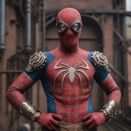 Spiderman dressed in intricate steampunk attire, complete with goggles and gears, set against an industrial Victorian backdrop