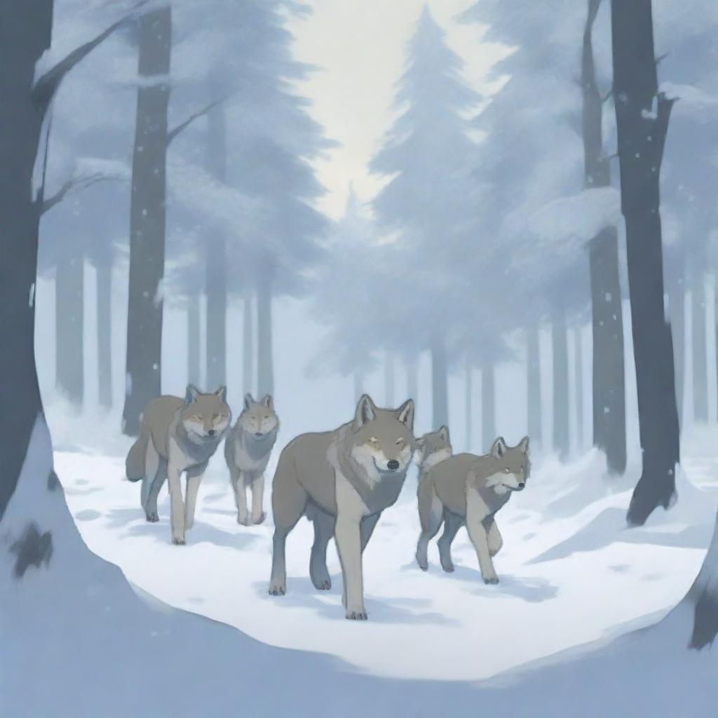 A pack of wolves moving through a snowy forest, with one cub walking alongside them