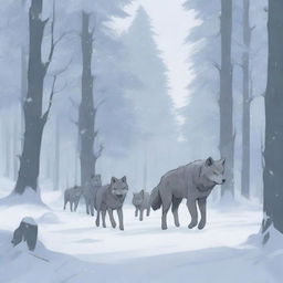 A pack of wolves moving through a snowy forest, with one cub walking alongside them