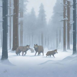 A pack of wolves moving through a snowy forest, with one cub walking alongside them