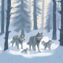 A pack of wolves moving through a snowy forest, with one cub walking alongside them