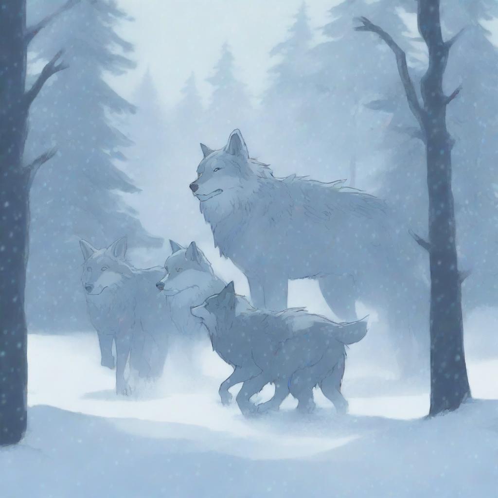 A pack of wolves encounters a heavy snowstorm in a snowy forest