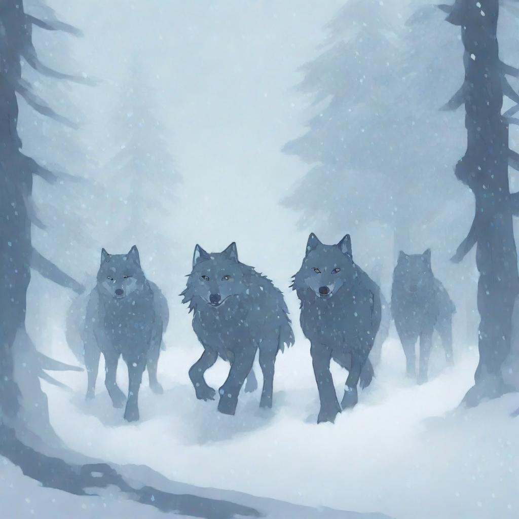 A pack of wolves encounters a heavy snowstorm in a snowy forest