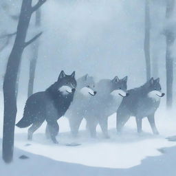 A pack of wolves encounters a heavy snowstorm in a snowy forest