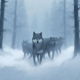 A pack of wolves encounters a heavy snowstorm in a snowy forest