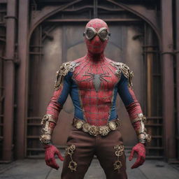 Spiderman dressed in intricate steampunk attire, complete with goggles and gears, set against an industrial Victorian backdrop