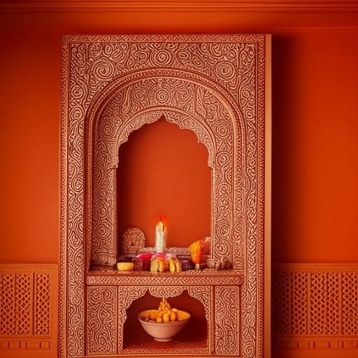 Elegant and serene pooja room interior with traditional Indian motifs, spiritual decor, and tranquil lighting.