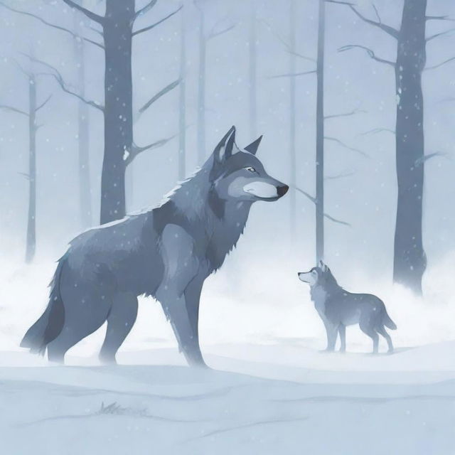 A wolf and its baby get separated from the pack during a heavy snowstorm in a snowy forest