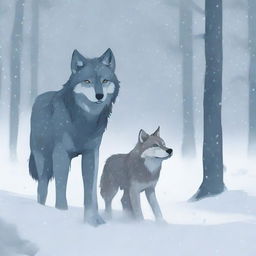 A wolf and its baby get separated from the pack during a heavy snowstorm in a snowy forest