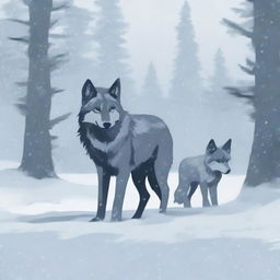 A wolf and its baby get separated from the pack during a heavy snowstorm in a snowy forest