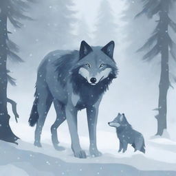 A wolf and its baby get separated from the pack during a heavy snowstorm in a snowy forest