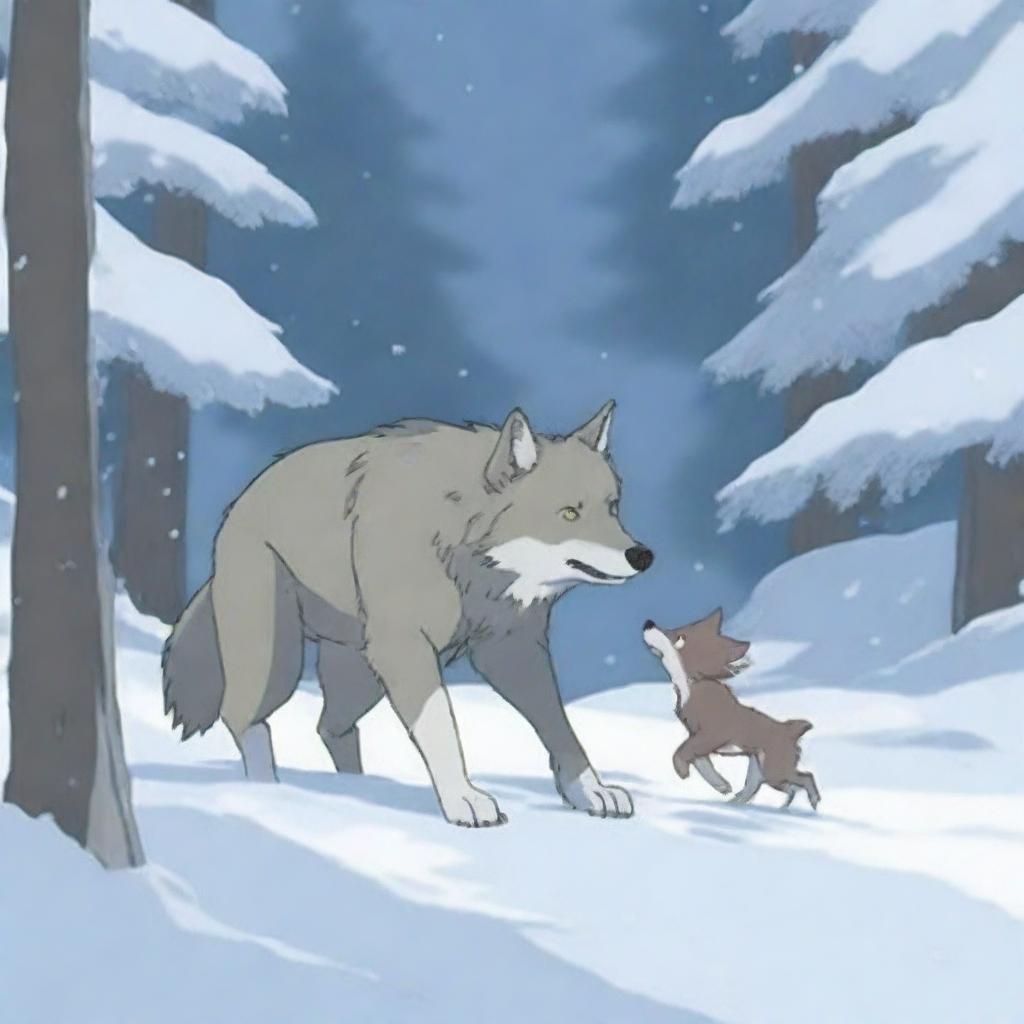 A wolf searches frantically for its pack in a snowy forest, carrying its baby in its mouth