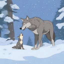 A wolf searches frantically for its pack in a snowy forest, carrying its baby in its mouth