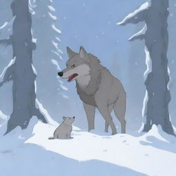 A wolf searches frantically for its pack in a snowy forest, carrying its baby in its mouth