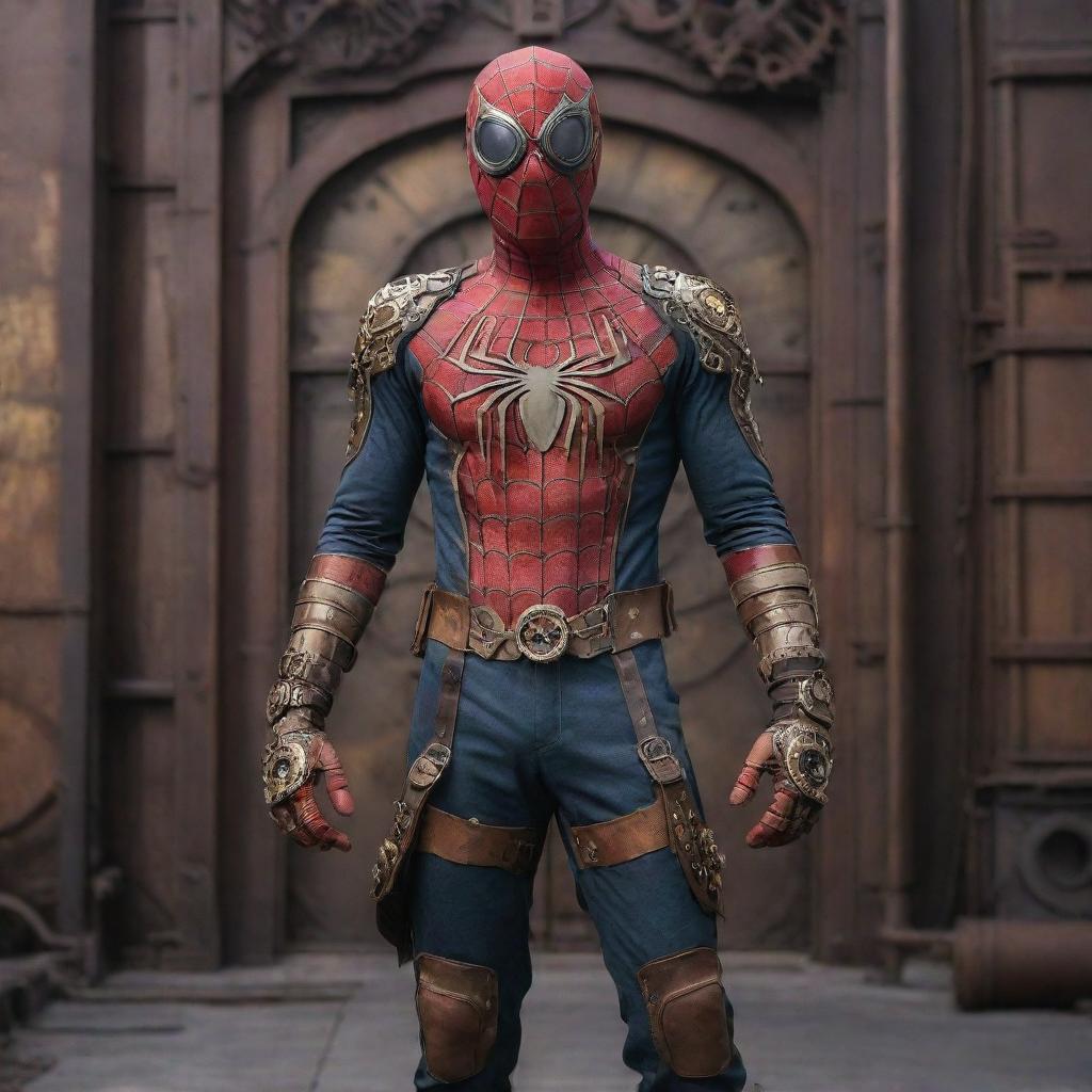 Spiderman dressed in intricate steampunk attire, complete with goggles and gears, set against an industrial Victorian backdrop