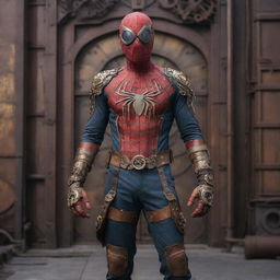 Spiderman dressed in intricate steampunk attire, complete with goggles and gears, set against an industrial Victorian backdrop