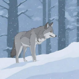 A wolf searches frantically for its pack in a snowy forest, carrying its baby in its mouth